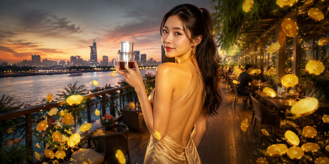 Người dùng tại Sài Gòn uống cà phê và xem ưu đãi hoàn trả cashback trên điện thoại