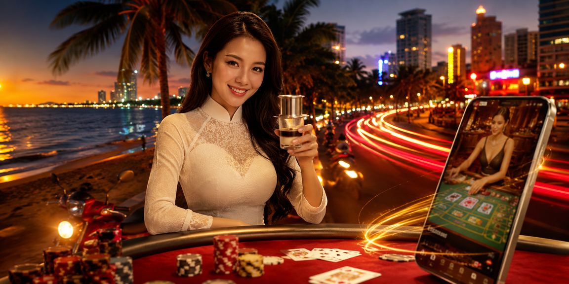 Người phụ nữ mặc áo dài tại Vũng Tàu chơi Baccarat trực tuyến với side bet jackpot trên điện thoại